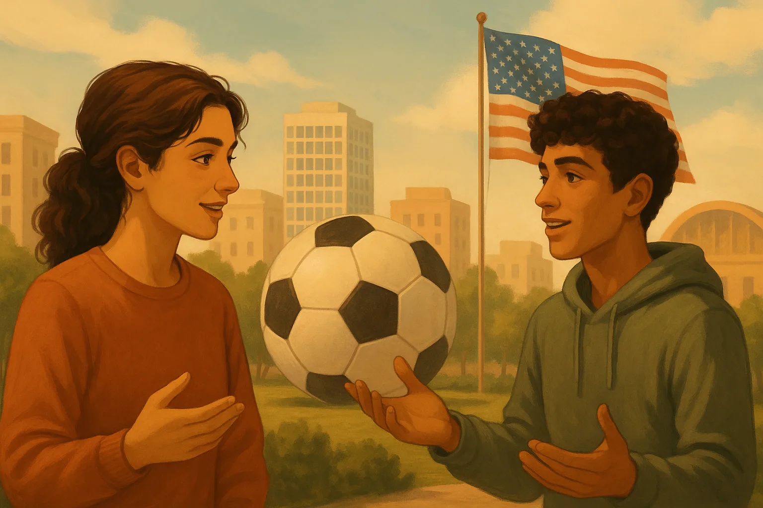 Illustration einer Englisch Hörverstehen-Übung zum Thema Dialogue: Locals Discuss the 2026 World Cup Niveau B2 Klasse 12