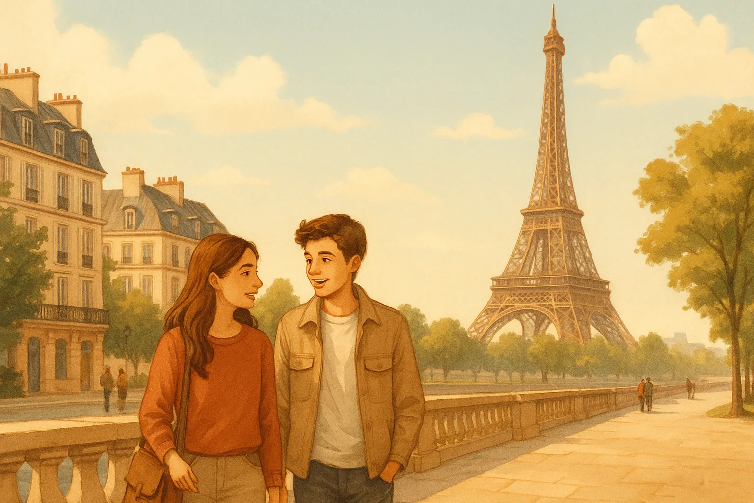 Illustration einer Französisch Hörverstehen-Übung zum Thema Léa et Maxime à Paris Niveau A2