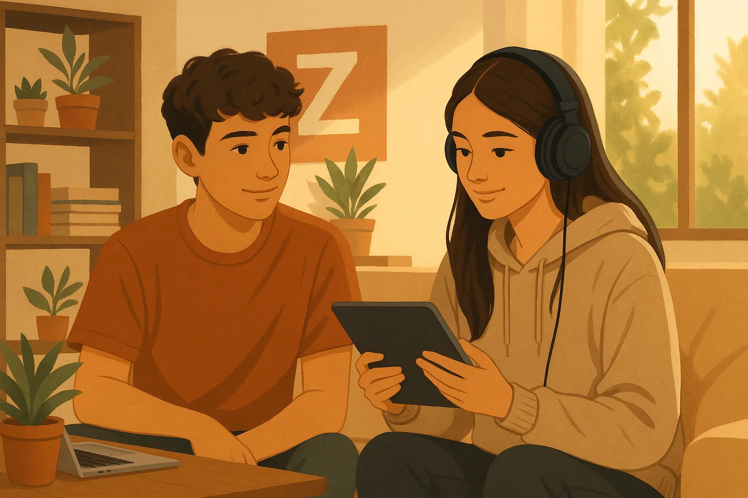 Illustration einer Englisch Hörverstehen-Übung zum Thema Talking About Gen-Z Niveau B2