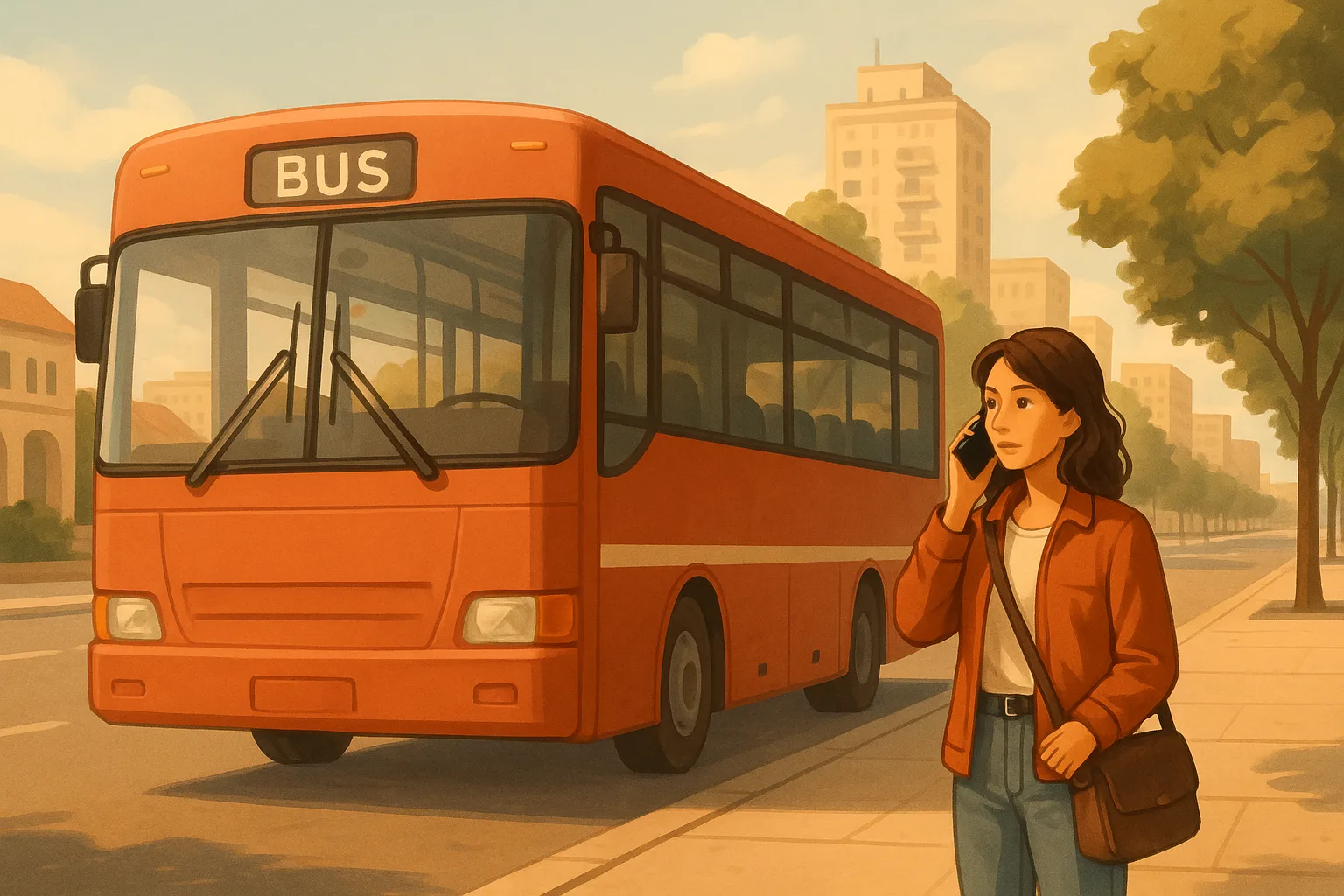 Illustration einer Englisch Hörverstehen-Übung zum Thema Booking a Bus Ticket Niveau A1