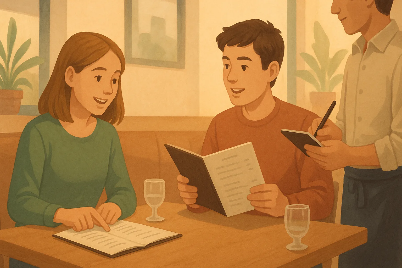 Illustration einer Französisch Hörverstehen-Übung zum Thema Au restaurant Niveau B1 Klasse 7
