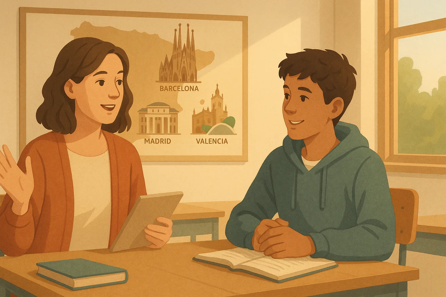 Illustration einer Spanisch Hörverstehen-Übung zum Thema Viajar por España Niveau B1 Klasse 9