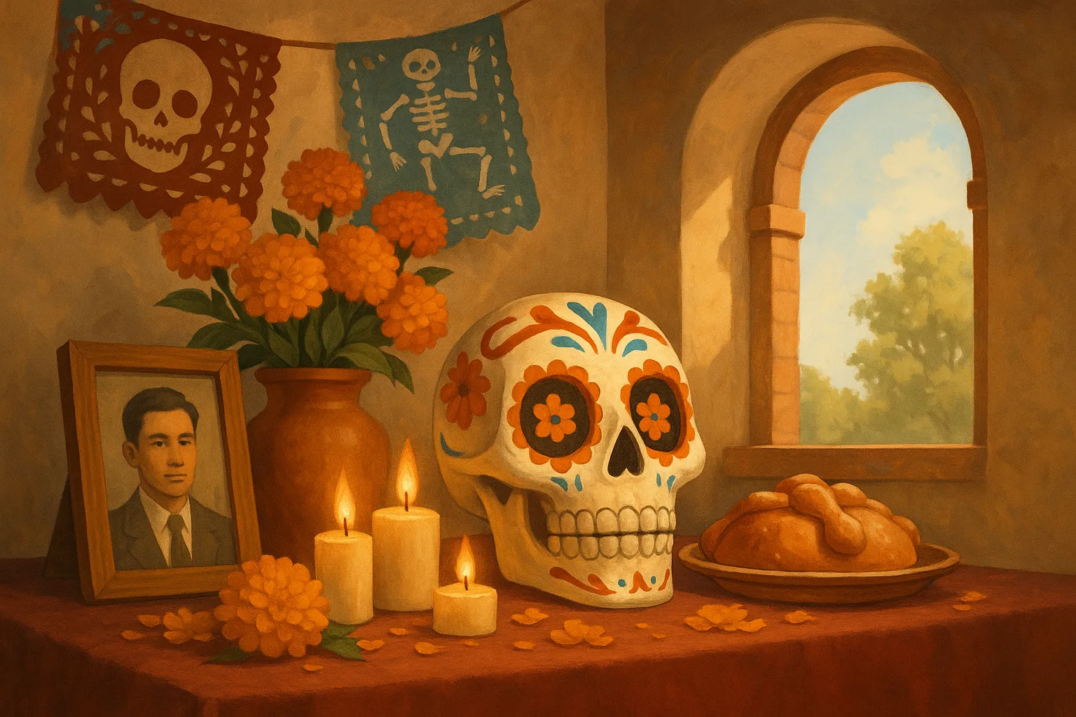 Illustration einer Spanisch Hörverstehen-Übung zum Thema Tradiciones del Día de Muertos Niveau B1 Klasse 10