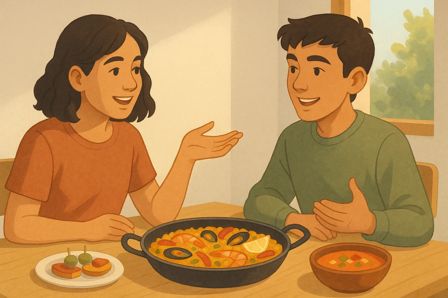 Illustration einer Spanisch Hörverstehen-Übung zum Thema Comida típica y tradiciones Niveau B1 Klasse 10