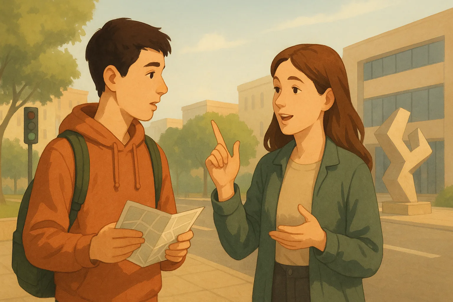 Illustration einer Spanisch Hörverstehen-Übung zum Thema Pedir direcciones en la ciudad Niveau B2 Klasse 10