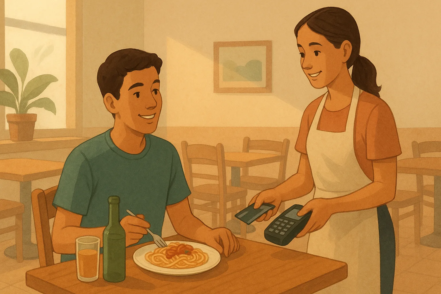 Illustration einer Spanisch Hörverstehen-Übung zum Thema En el restaurante Niveau B1 Klasse 9