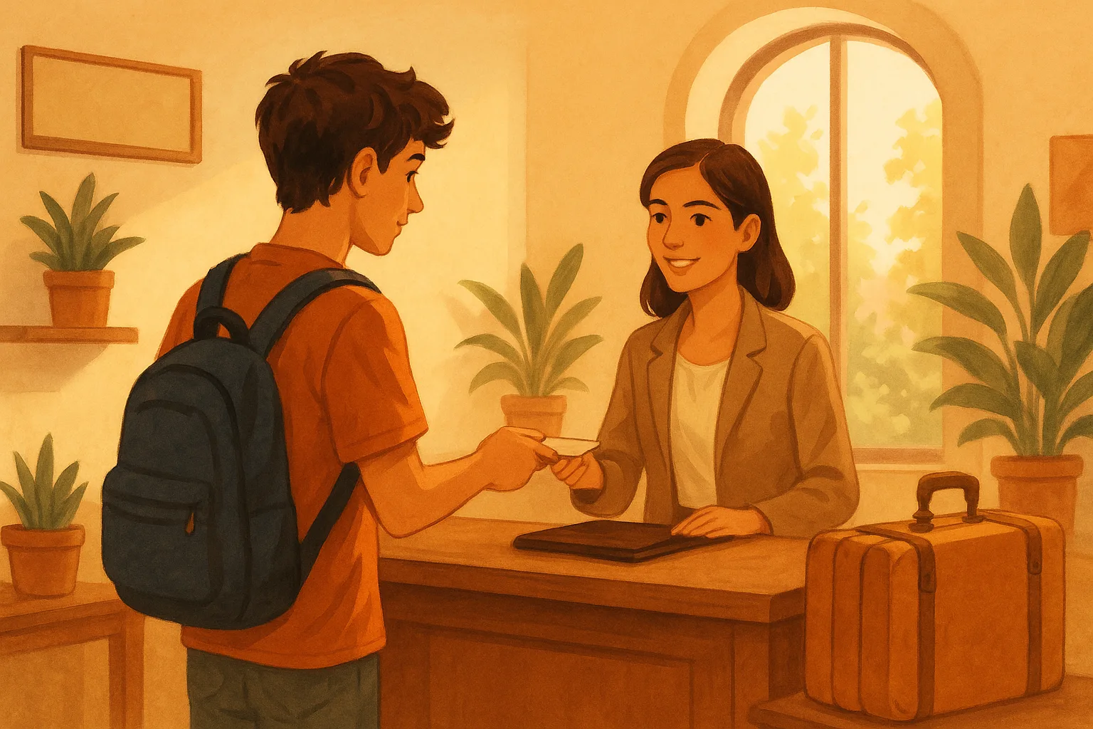 Illustration einer Italienisch Hörverstehen-Übung zum Thema Prenotazione in hotel Niveau A2 Klasse 10