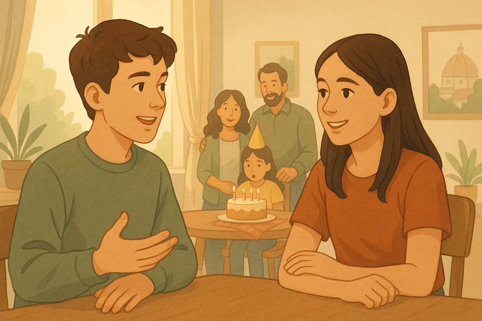 Illustration einer Italienisch Hörverstehen-Übung zum Thema Una festa di compleanno in famiglia Niveau B1 Klasse 10