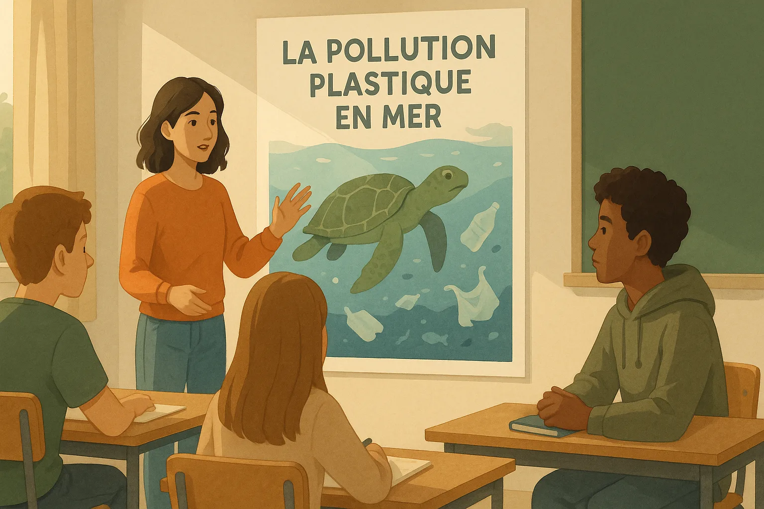 Illustration einer Französisch Hörverstehen-Übung zum Thema La pollution plastique en mer Niveau B1 Klasse 9
